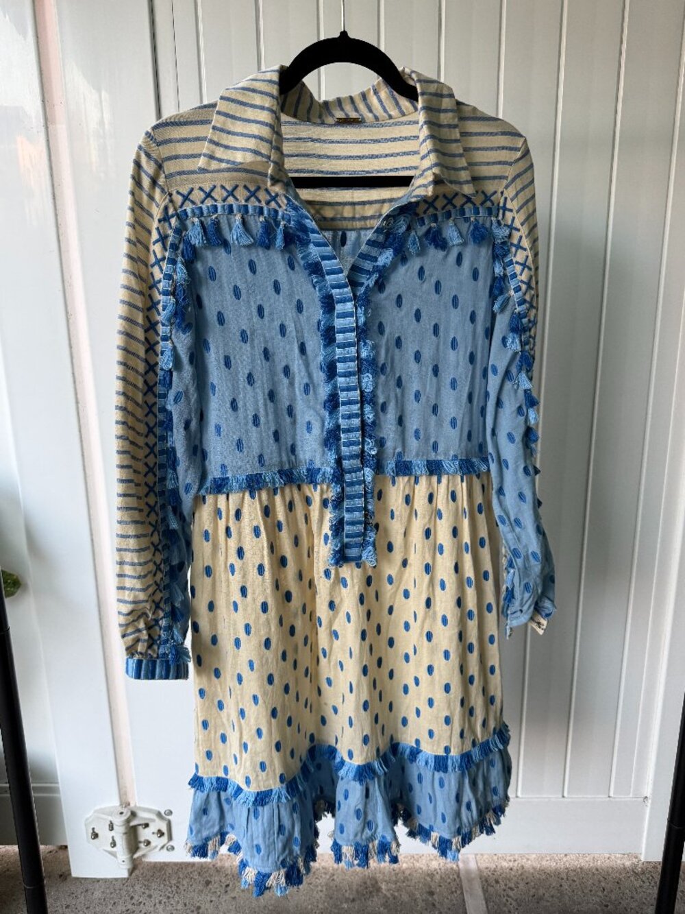 Dodo Bar Or Mixed Print Tassel Dress Blue Cream Boho Mini 100% Cotton